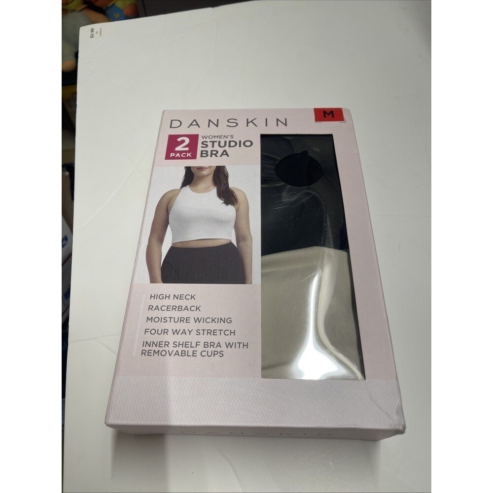 DANSKIN Women's Studio Bras Racerback High Neck Black/Moonbeam Stretch M/B17